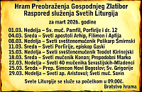 Raspored bogosluženja Hram Preobraženja Gospodnjeg Zlatibor za mart 2026.