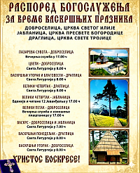 Raspored bogosluženja za Vaskršnje praznike Dobroselica, Jablanica, Draglica